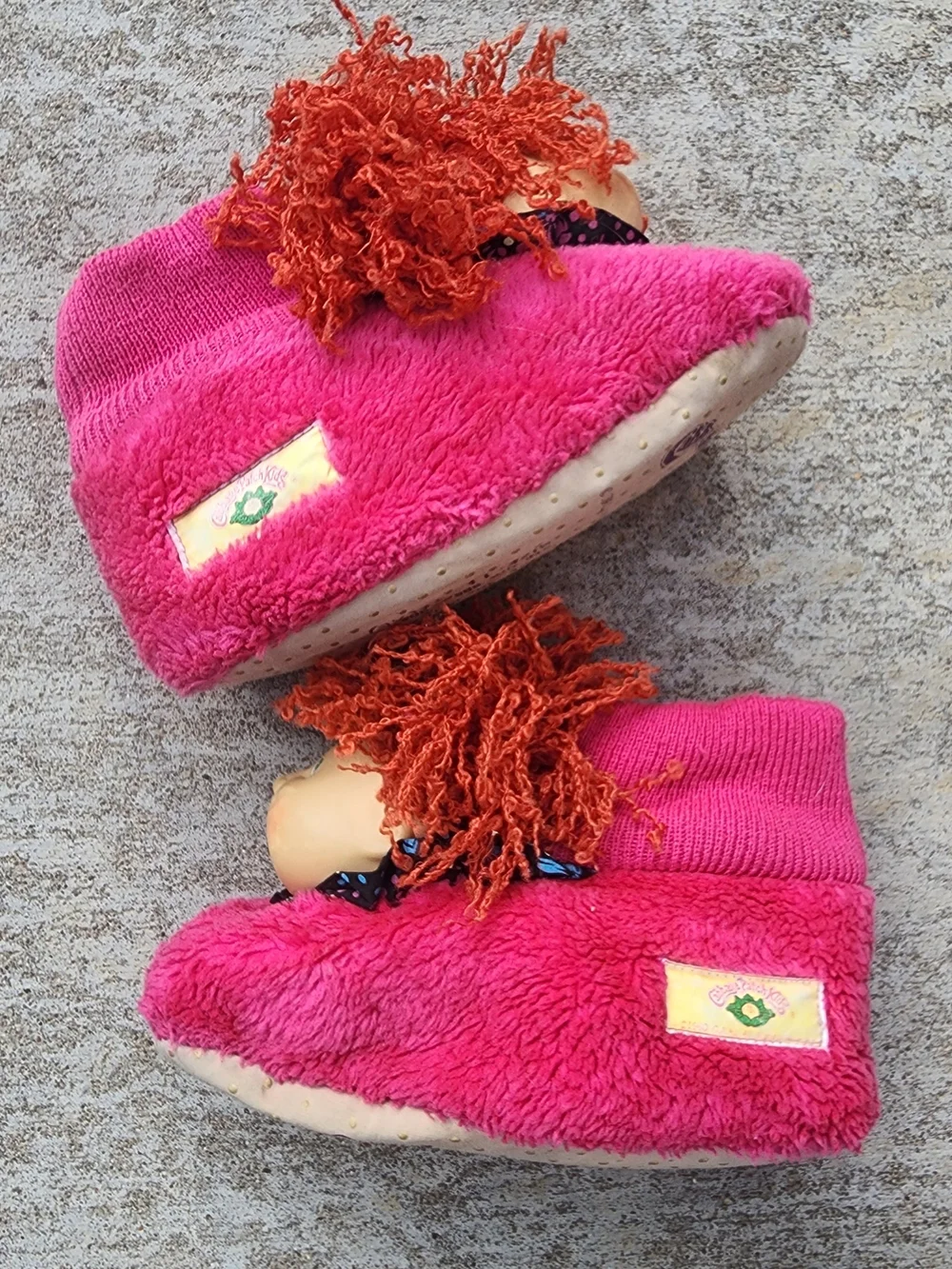 VTG 90s Cabbage Patch Kids Pink Slippers 3D Doll Face Red Curly Crimped Red Hair